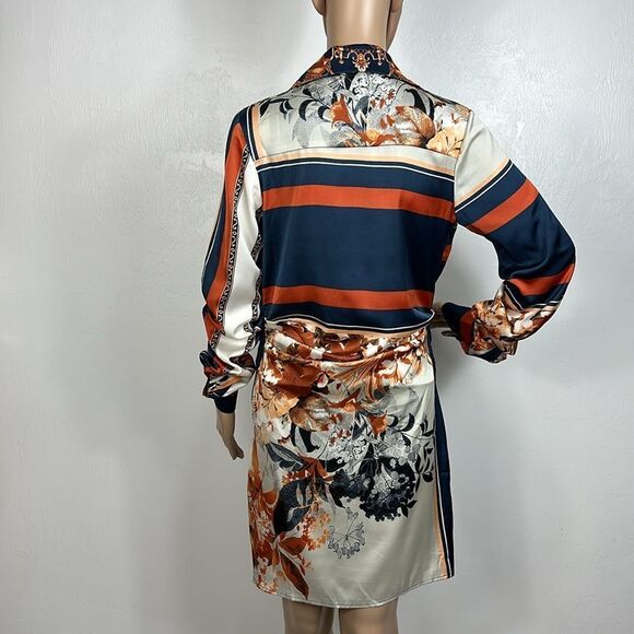 AKIRA Long Sleeves Collared Satin Tie Front Mini Tunic Dress Size S - Picture 5 of 13